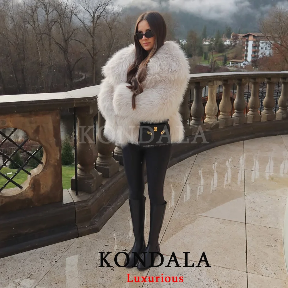 KONDALA カジュアルブラウン厚手の毛皮ジャケット女性長袖 V ネック秋冬フェイクファーコートファッション 2025 ストリートウェアアウター