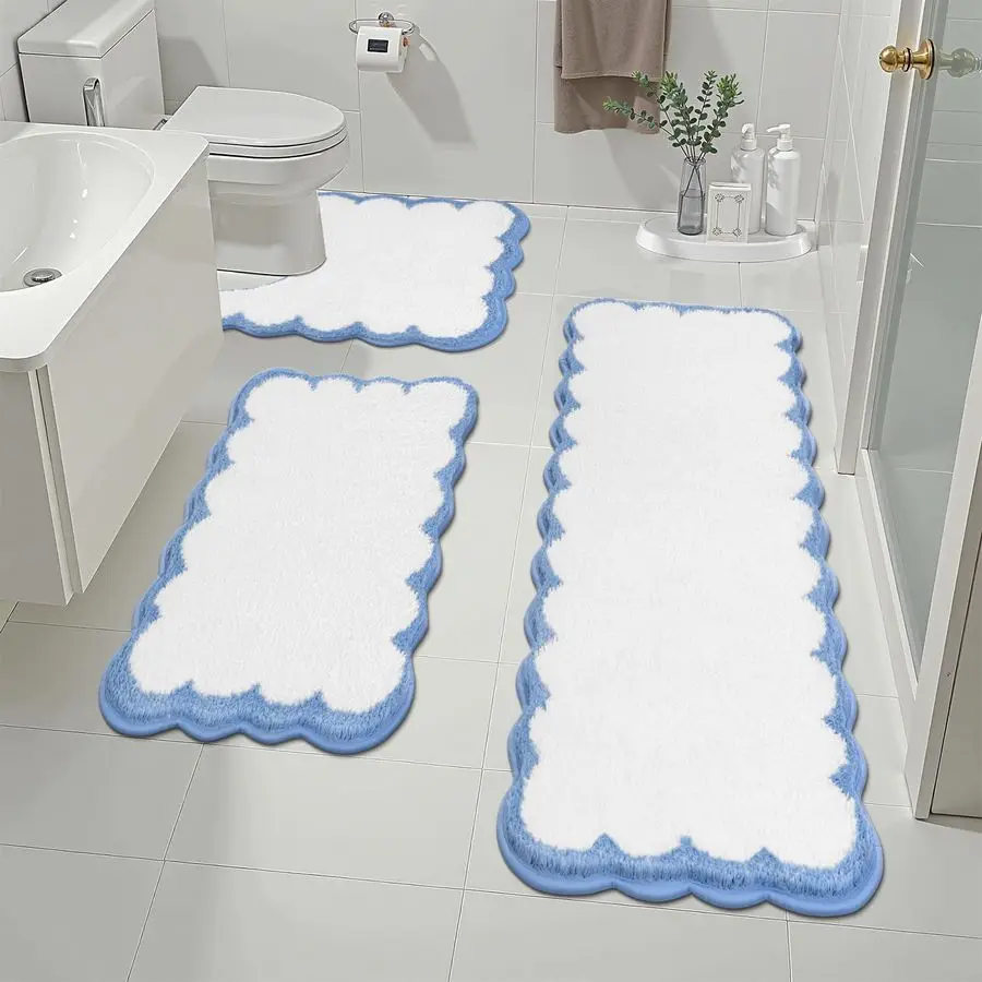 

Bathroom Rugs Sets 3 Piece Scalloped Bathroom Shower Rugs with UShaped Contour Toilet Mat Absorbent Microfiber Plush Bath Mats N