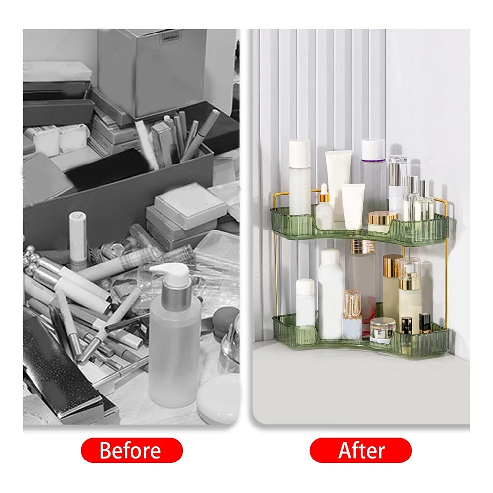 バスルームカウンタートップオーガナイザー、2層、多機能コーナー、メイクアップオーガナイザー、香水