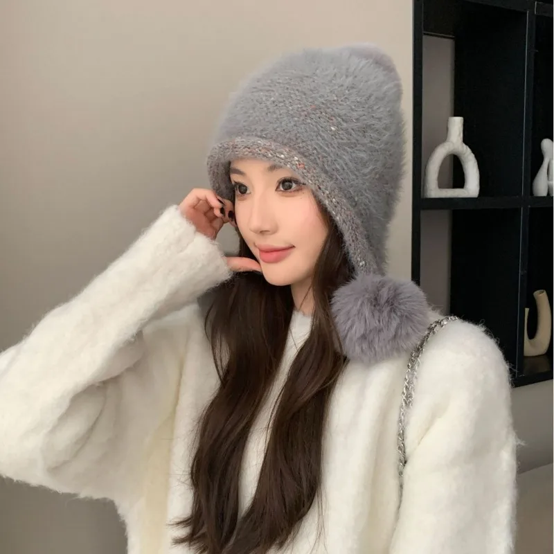 New Winter Warm Hairball Decorative Imitation Mink Knitted Hat Outdoor Cold Protection Ear Protection Crimped Skull Beanie Cap