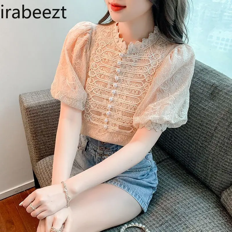 

Summer French Vintage Floral Embroidered Beaded Collar Short Sleeve Blouse Women's Elegant Romantic Casual Tops