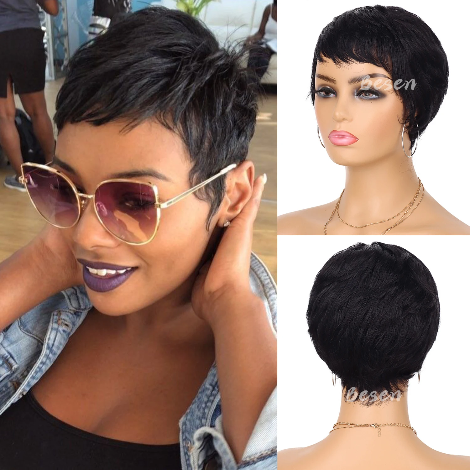 Synthetic Short Pixie Cut Wig for Black Women Pixie Cut Wavy Wig Natural Straight Pixie Haircut Wig with Bangs Party Daily Wear