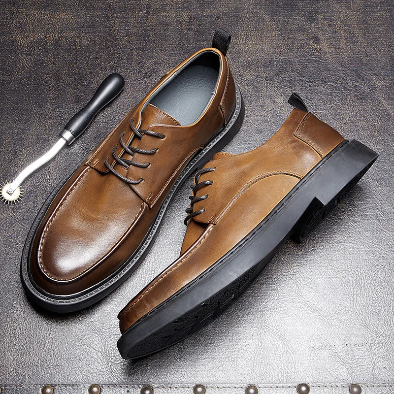 

Retro men's leather shoes brown genuine leather casual old-fashioned men's shoes