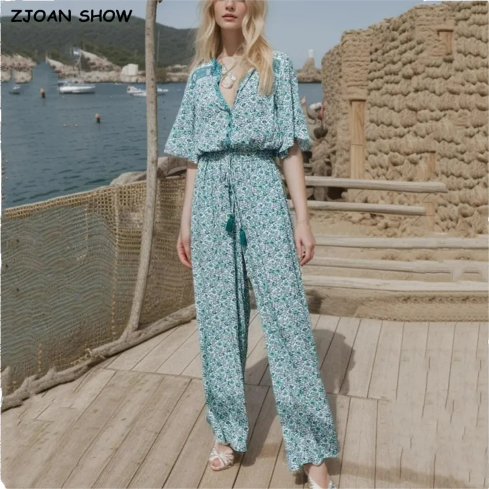 

2024 BOHO Open Button V neck Flower Print Jumpsuits Women Lacing up Adjusted Bow Tassel Waist Long Playsuits Romper Holiday