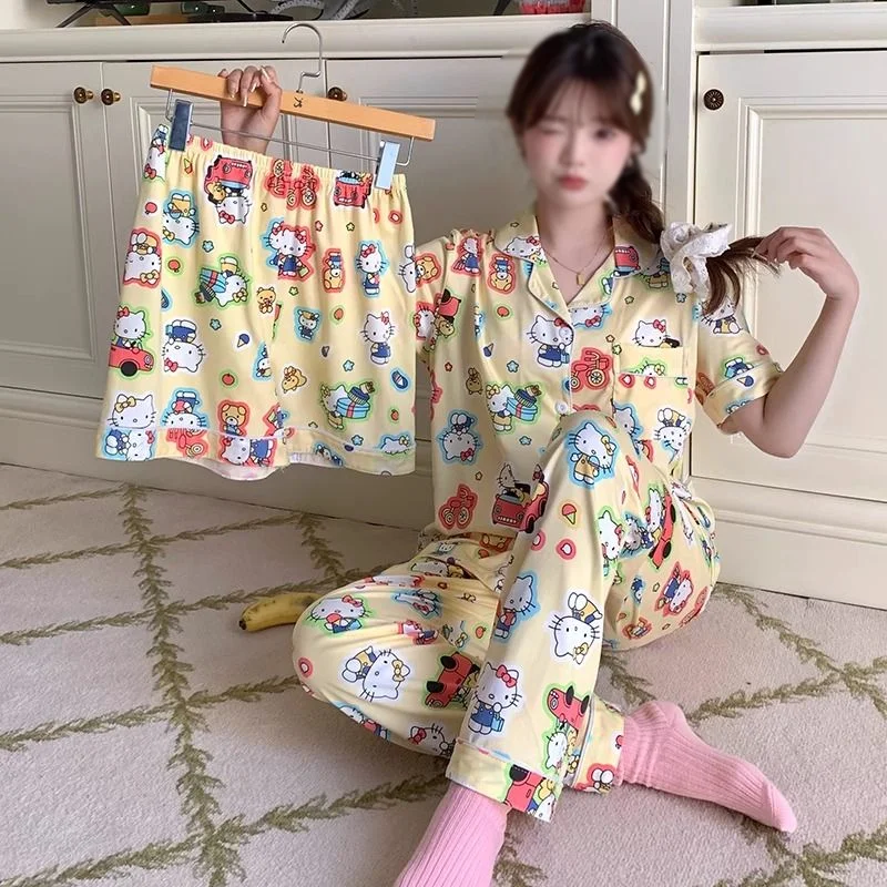 

Sanrio Y2K Pajama 3 Piece Hello Kitty Pyjama Pant Shorts Short Sleeve Sleepwear Summer Pijama Kawaii Cartoon Nightwear Home Wear