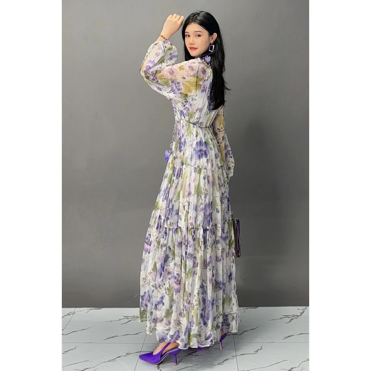 Vefadisa 2024 Autumn New Purple Printed Dress With Long Sleeves Lace-up Decorative For Temperament Elegant Fashion Dress ZXY962A