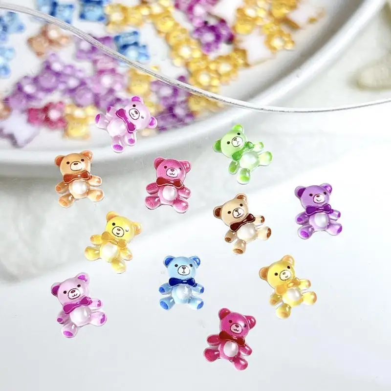 30Pcs Cute Dopamine Colored Bears Nail Art Charms Cartoon Transparent Resin Bow Bears Nail Decorations Akcesoria do paznokci DIY