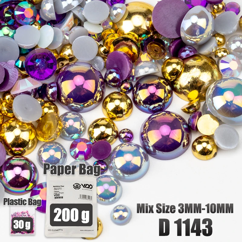 VDD 30/200g Mix Size 3mm-10mm ABS Half Round Pearls Flatback Beads AB Color Resin Rhinestone For Crafts Nail Art DIY Decorations