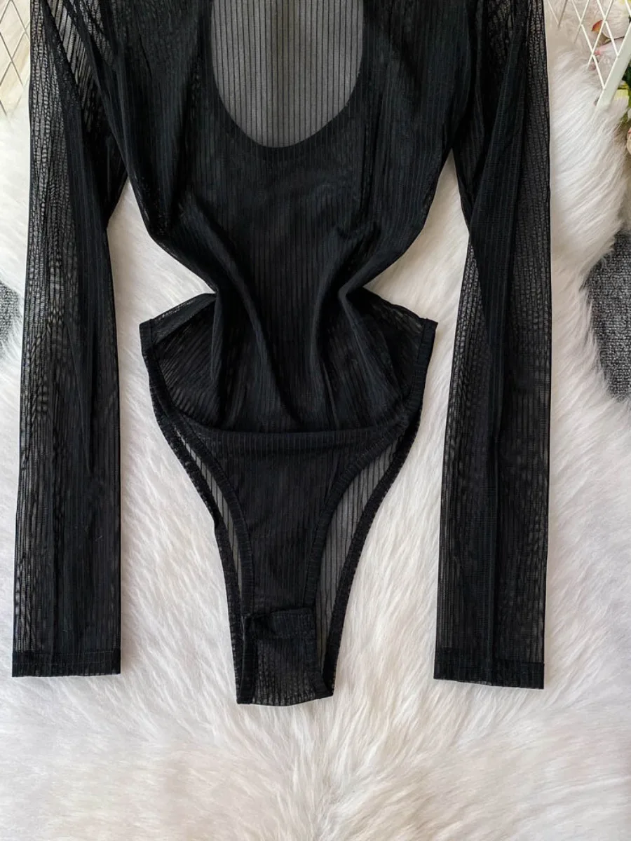 Foamlina holle opstaande kraag lange mouw jumpsuit dames zomer Amerikaanse niche sexy slanke hoge split mesh bodysuits