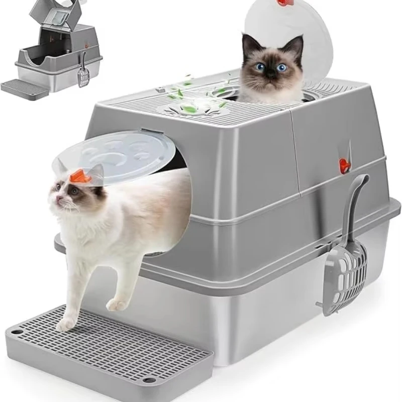 Stainless steel covered cat litter box to prevent splashing, flip-top pet toilet with steps and shovel
