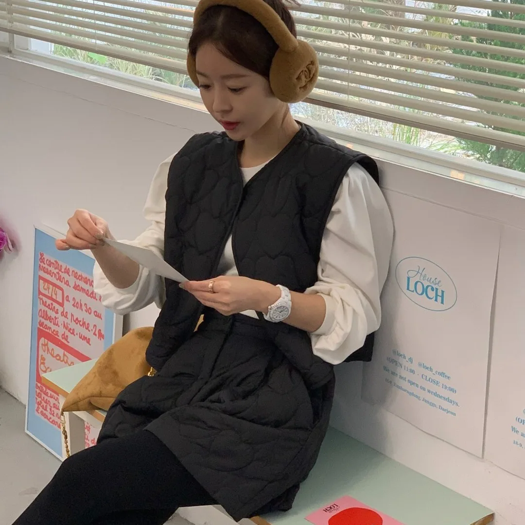 韓国風シックなハート柄コットンベストトップとカジュアルスリムフィットパンツのツーピースセット レディースファッショナブル通勤服