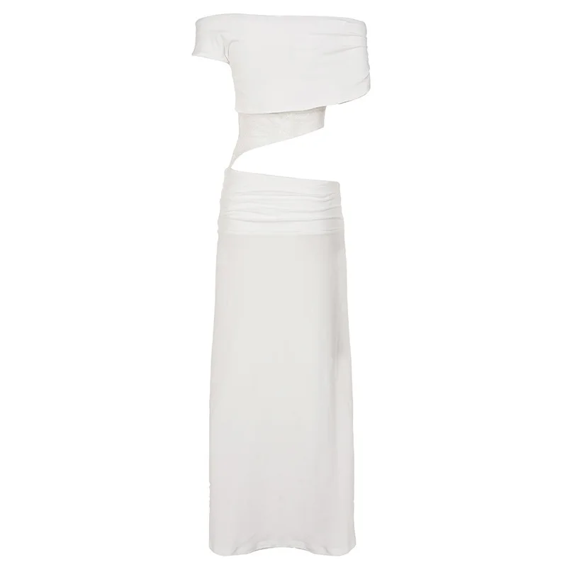 elegant and fashionable temperament women's sloping shoulder sexy lace splicing long dress