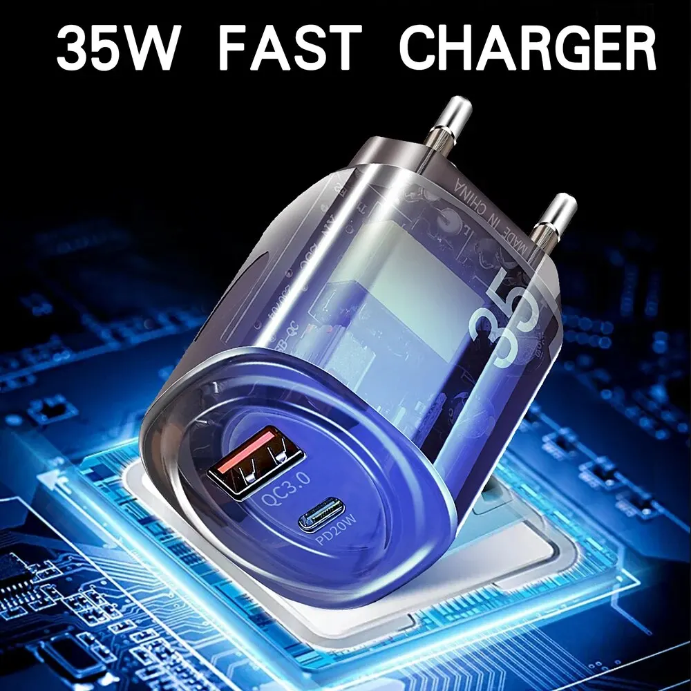 35W USB PD Charger Transparent Mecha Quick Charge3.0 Fast Wall Charging Mobile Phone Power For iPhone Samsung Plug Xiaomi Huawei