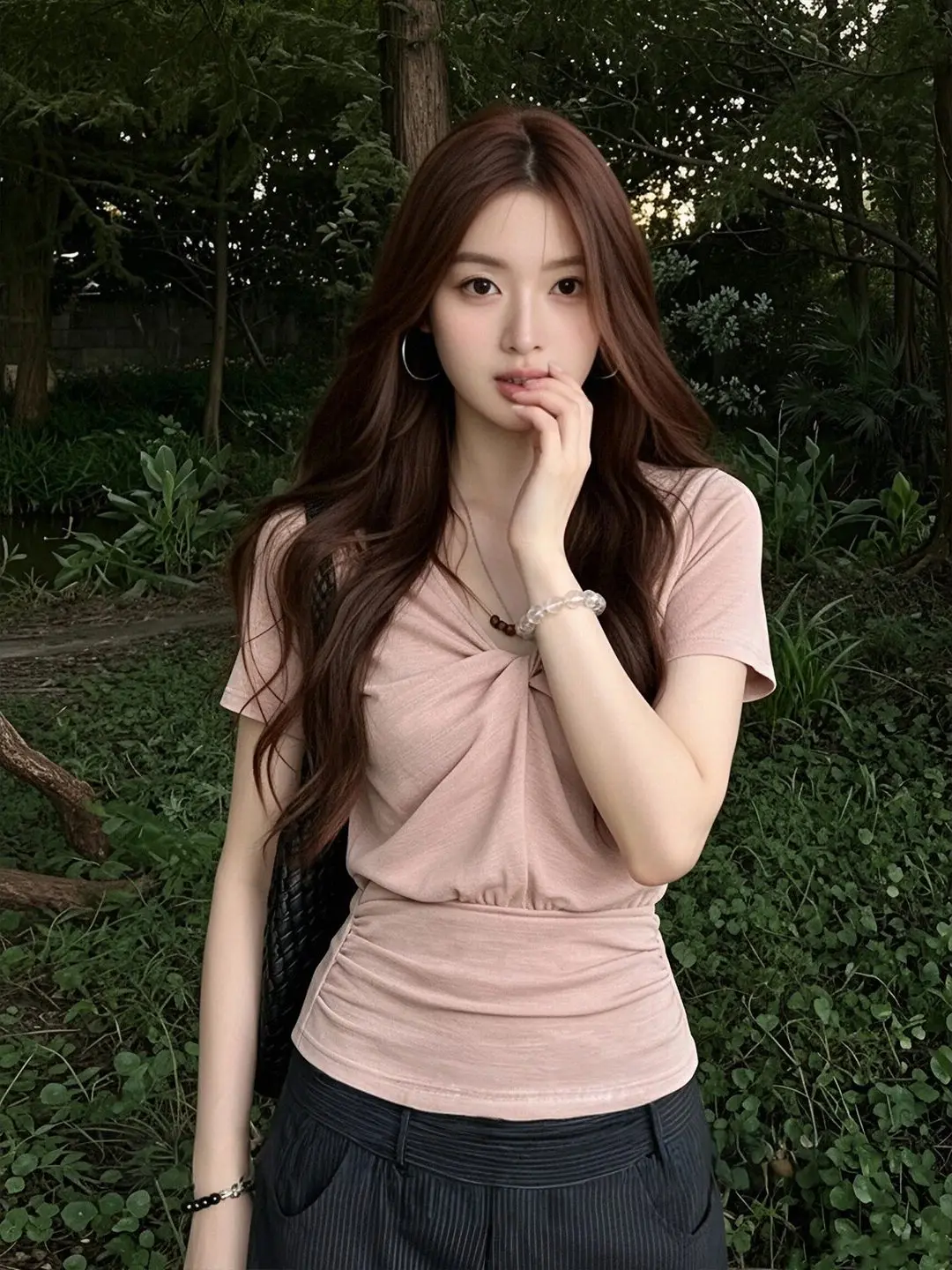 Korean Style V-Neck Short Sleeve T-Shirt Women's Summer Slimming Casual Knot Top City Walk Bubble Sleeve Polyester Fiber Tee