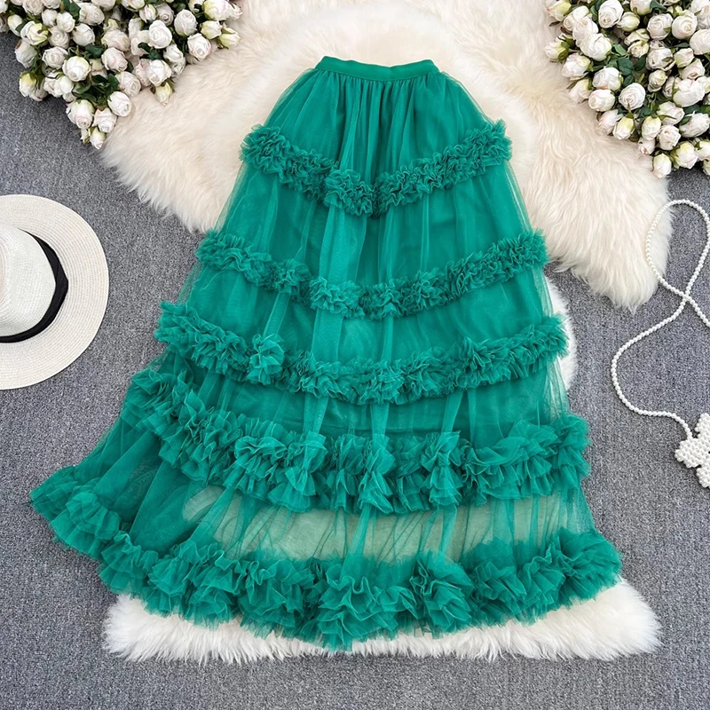 Saia longa de tule para mulheres 2025 novo verão coreano doce irregular cintura alta saias de malha feminina saias de bolo de fadas rosa roxo