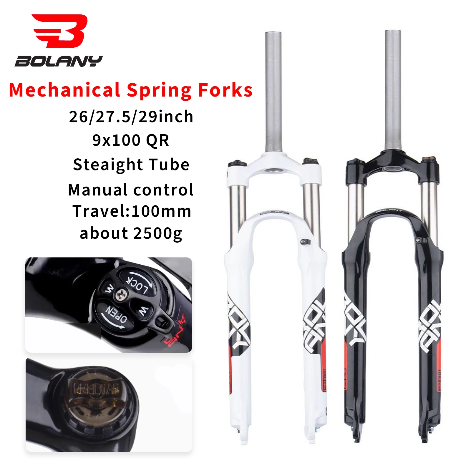 

BOLANY Mechanical Spring Fork Shoulder Control Locking 9*100mm Quick Release 26/27.5/29inch 100mm Travel Suspension Fork