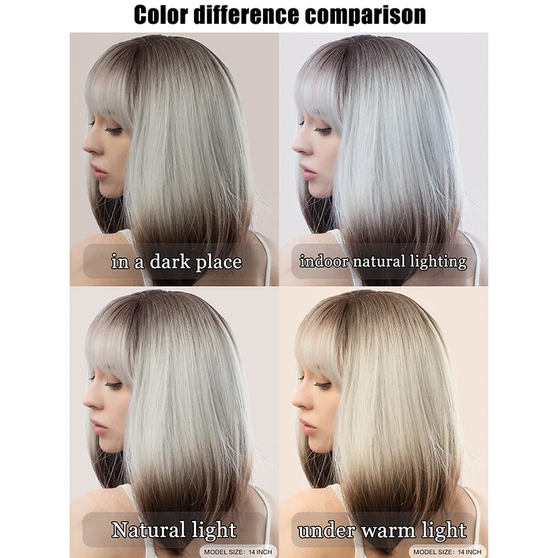 Short Straight Hair with Bangs Brown Gradient silverBoBoDaily RoutineCosplayWig for Women
