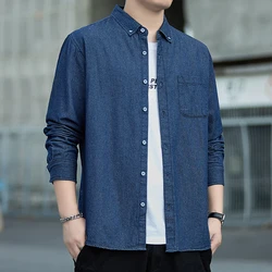 Spring Autumn Men's Denim Shirts Cotton Long Sleeve Solid Color Slim Casual Shirts Mens Blue Streetwear Daily Jean Blouse Tops