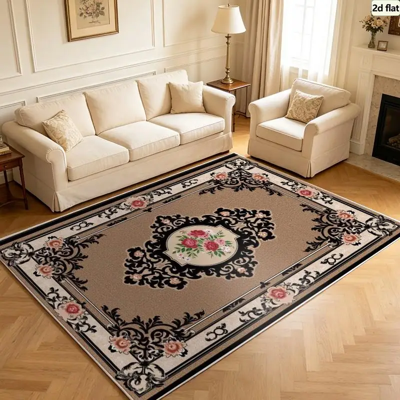 Carpet Flooring Brown Square Area Rug Vintage Rose Floral Medallion Black Scroll Border Floor Mat for Bedroom