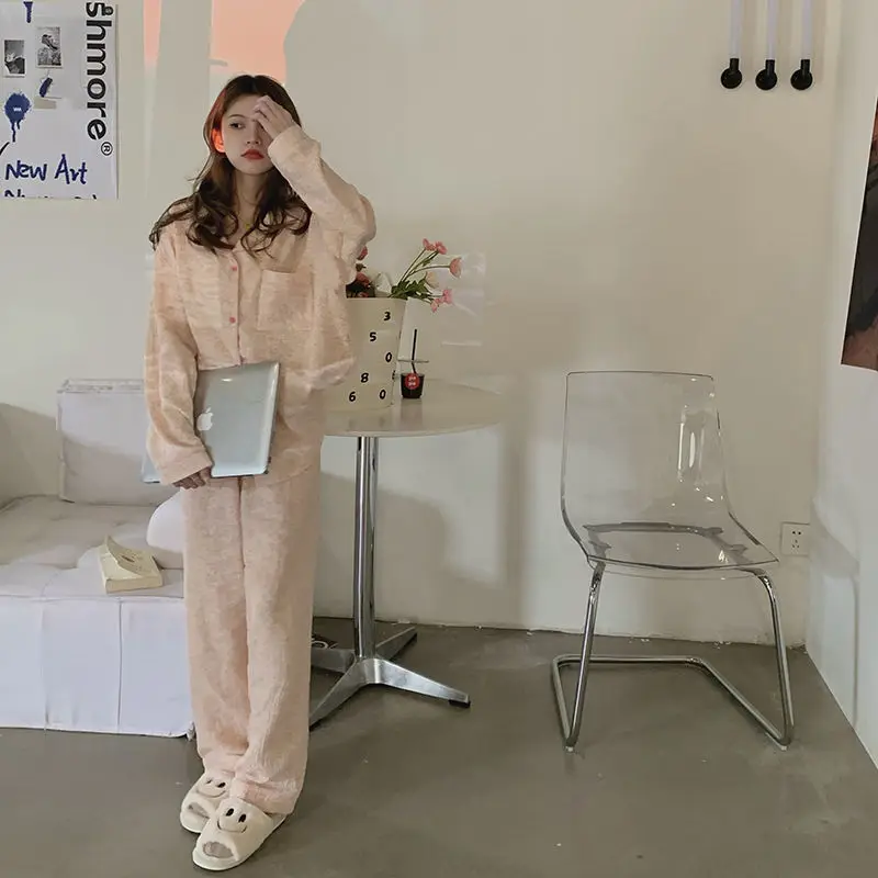 Women\'s Spring Summer Two-piece Pajamas Set Female Ice Silk Satin Thin Leopard Print Home Clothing Student Sweet Pink Sleepwear