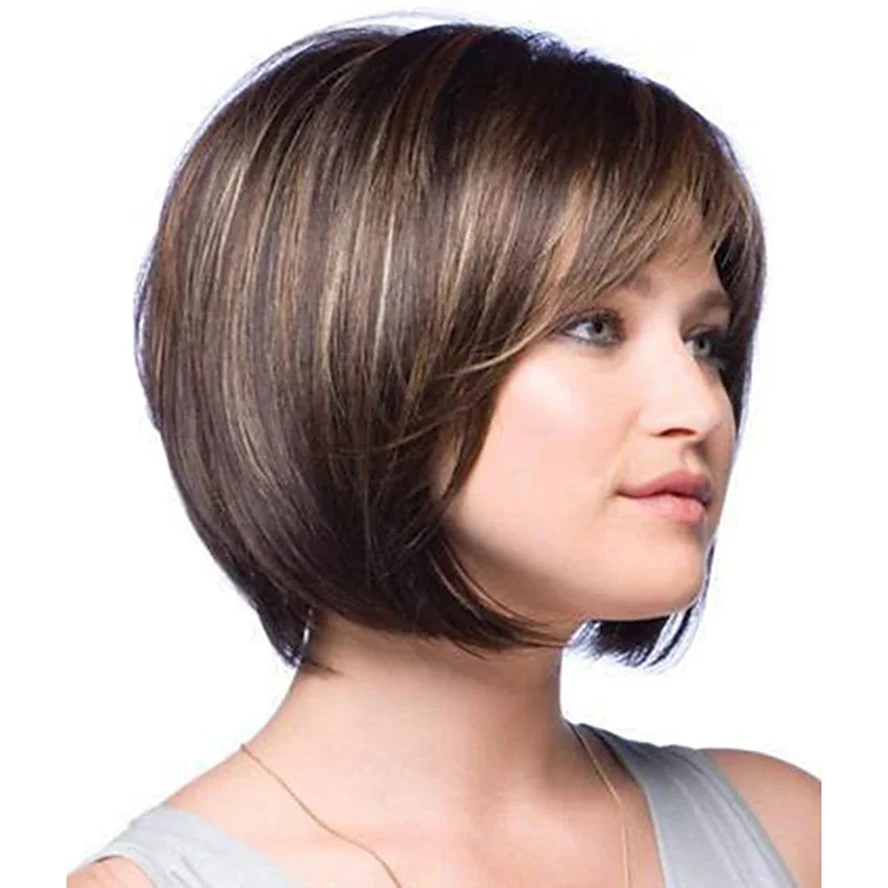 Brown Short Wigs for Women Synthetic Wig Straight Bob with Bangs Wig Short Brown Synthetic Hair Women's Highlighted / party wigs