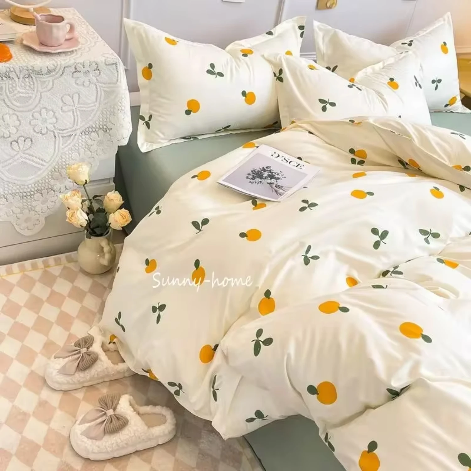 Adorable Orange Cherry Crow Printed Duvet Cover Set - Girls Single Double Queen Size with Flat Sheet & Pillowcases