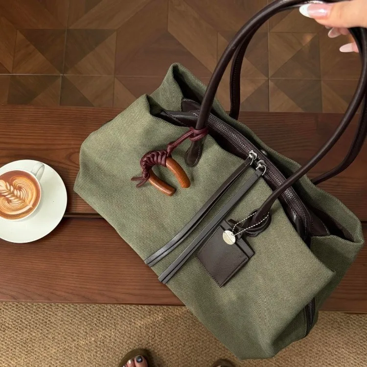 Retro Green Canvas Tote Bag Women 2026 New Fashion Unique High-End Feel Handbag Stylish Versatile Handheld Single Shoulder Bag