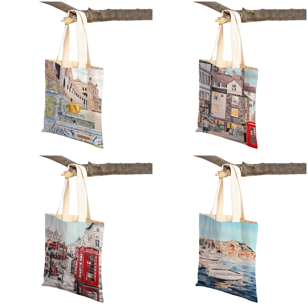 London Spain Italy Barcelona Paris France City Lady Shopper Bag Double Print Handbag Fashion Casual Women Shopping Shoulder Bags