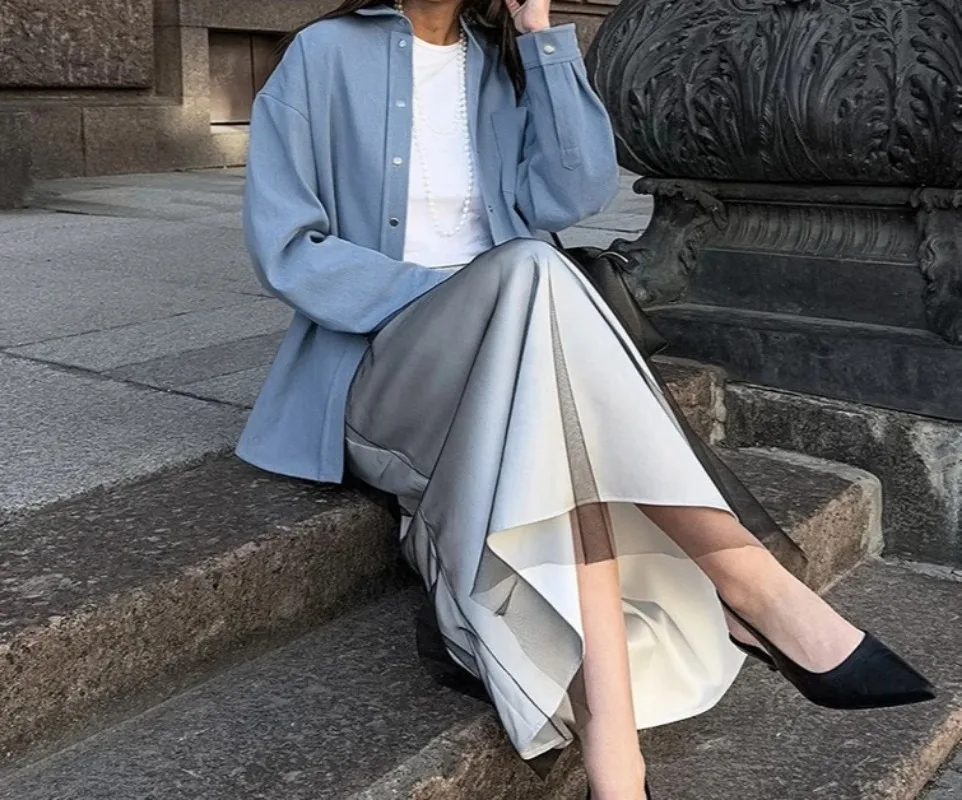 

Европейская/американская уличная модная синяя куртка с лацканами из чистого хлопка, осень-зима 202, простая ленивая свободная куртка с длинными рукавами, топ