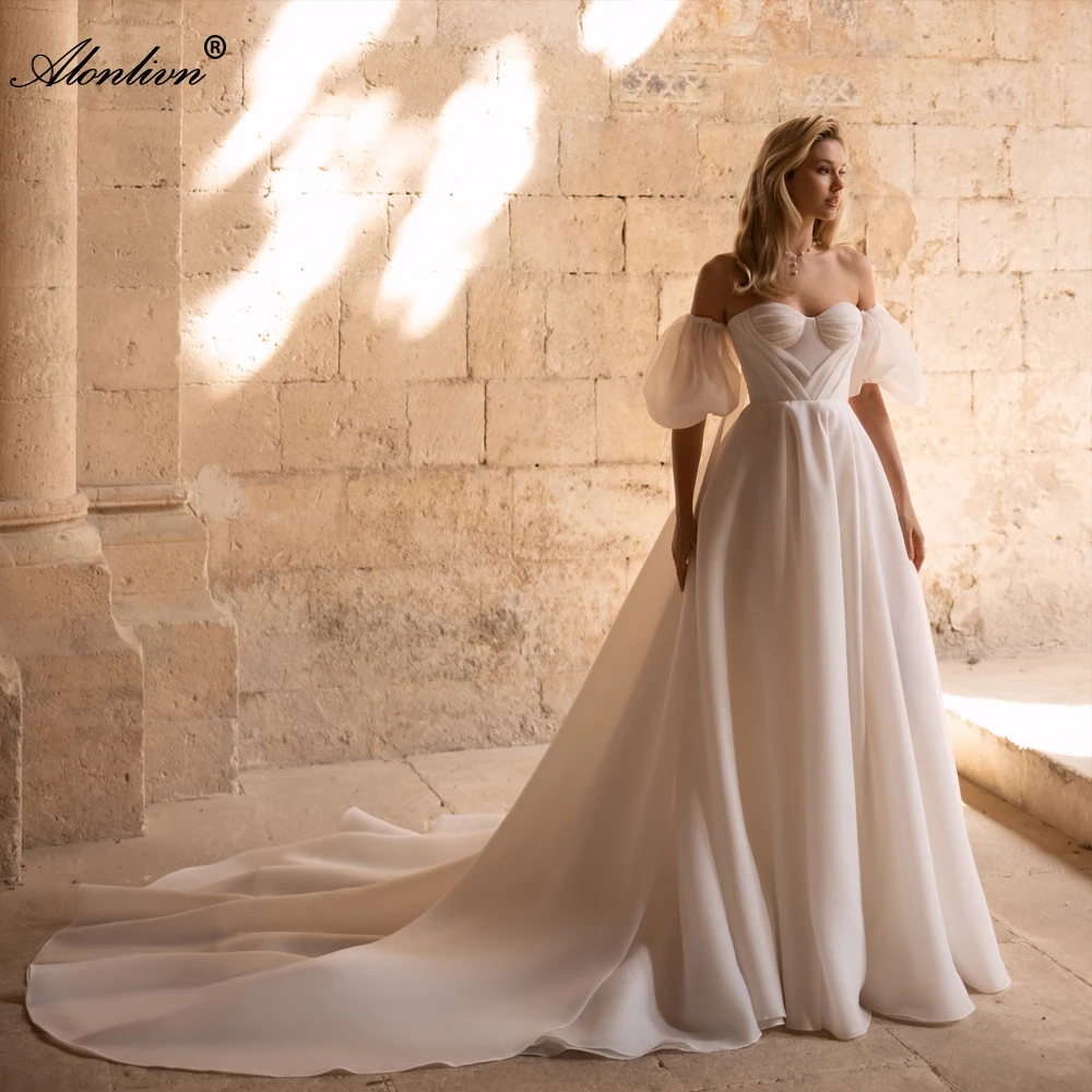 Alonlivn Sliky Oraganza Sweetheart A-Line Wedding Dresses Novias Ruched Pleats Front Split Off Shoulder Sleeves  Bridal Gowns