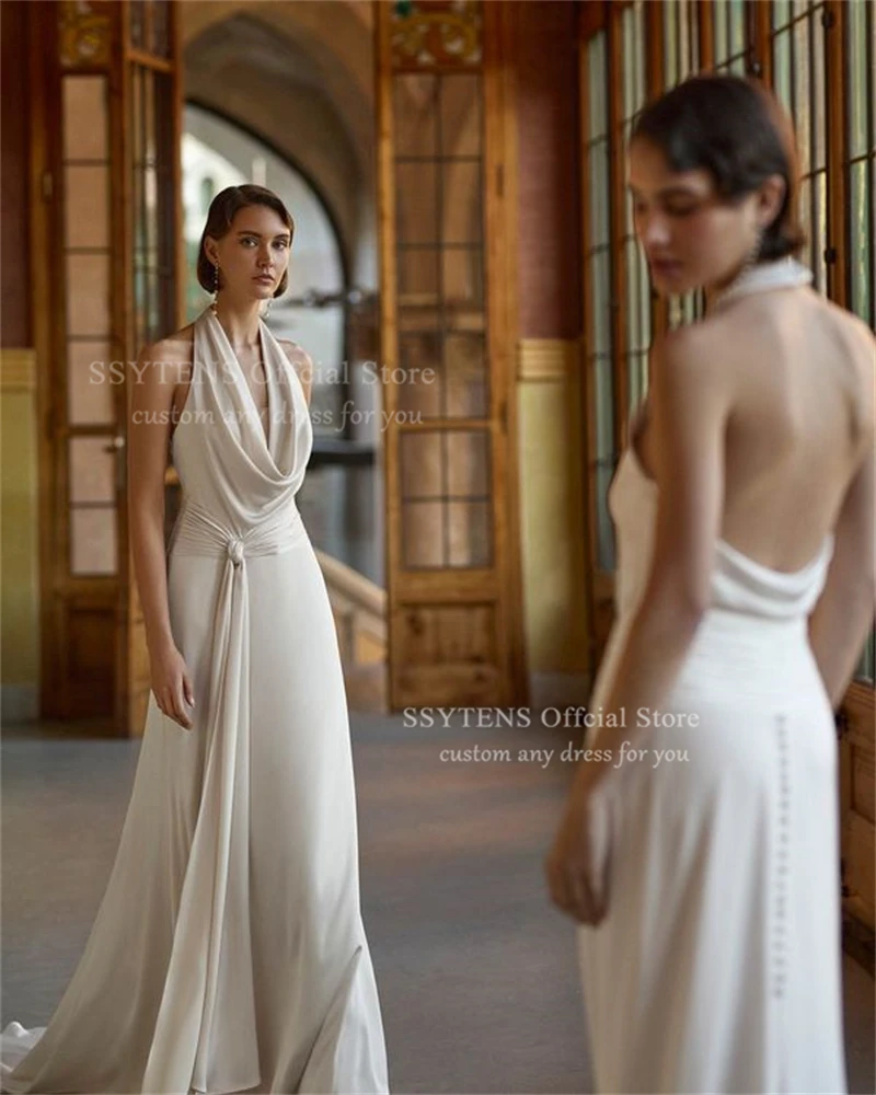 SSYTENS Maßgeschneidertes Meerjungfrau-weißes Hochzeitskleid für Damen, sexy rückenfreies Brautkleid, Strandhalter, ärmelloses Kleid, Robe Femme Diegogante