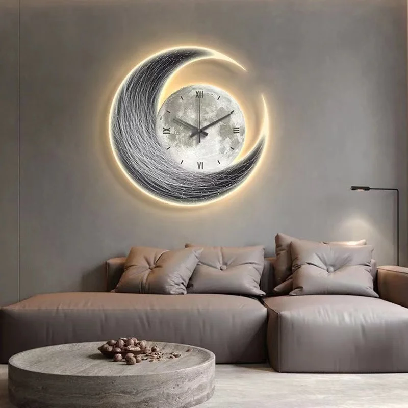 Creative Led Moon Clock Light Luxury Luminous Living Room Decorative Painting Restaurant Wall Art Home Decoration