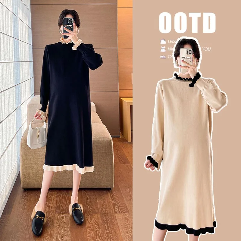 Solid Casual Knitted Dress Autumn Winter Women Large Size Loose O-Neck Mid-Calf Long Sleeve Bottoming Maternity Sweater Dress