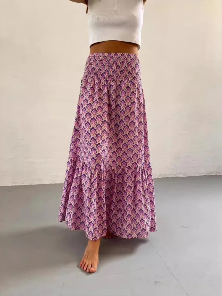 Fashion Women Skirts Spring Summer New Casual All-match Skirt Loose Elastic Waist Floral Print Ethenic Style Boho Skirt