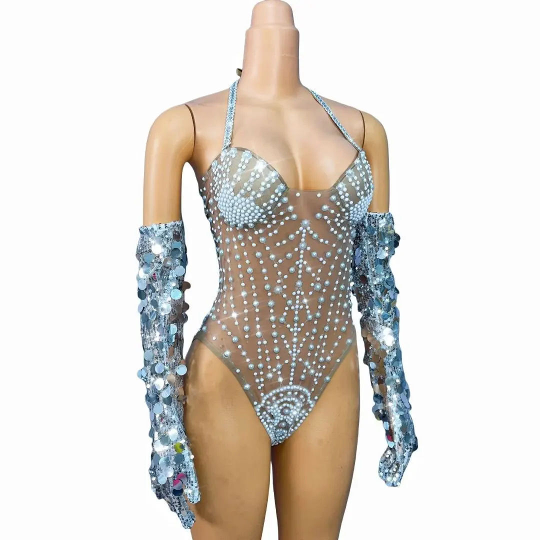 セクシーなヌードメッシュ光沢のあるパールスパンコール包帯ボディスーツ女性パーティーファッションショー衣装歌手ダンサーパフォーマンスステージ着用