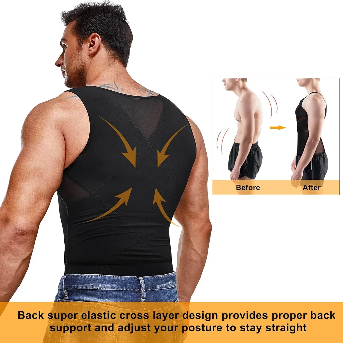 Heren Body Shaper Compressie Shirts Met X-Vormige Riem Afslankende Ondershirt Tank Top Abs Shapers Workout Buik Controle Korset Vest