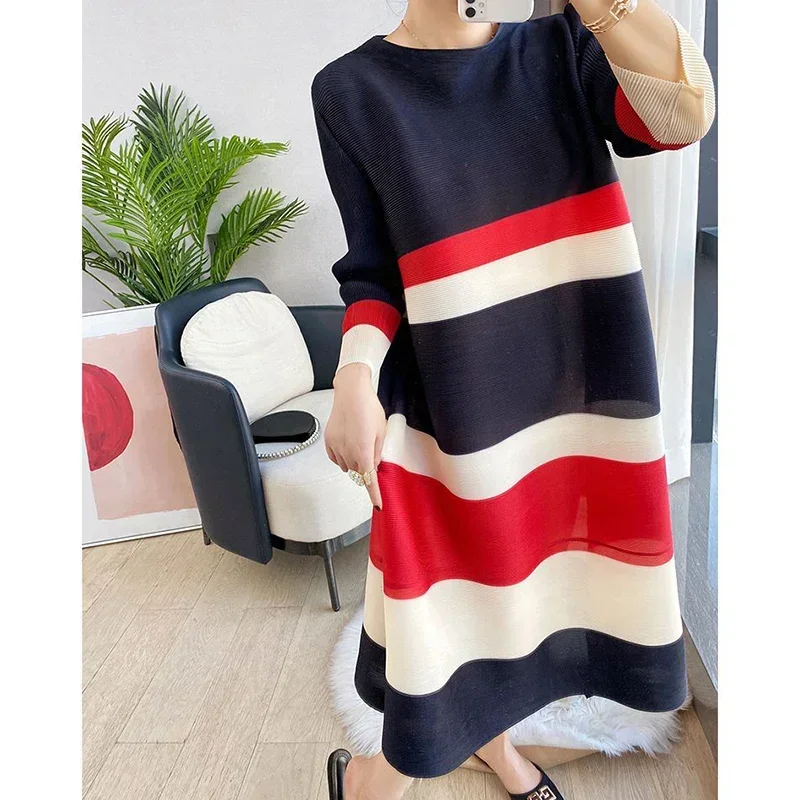 

Spring Autumn Loose Casual Striped Printing Folds Robe Ninth Length Sleeve Femme Elegant Fashion Vintage Vestidos Dress Q144