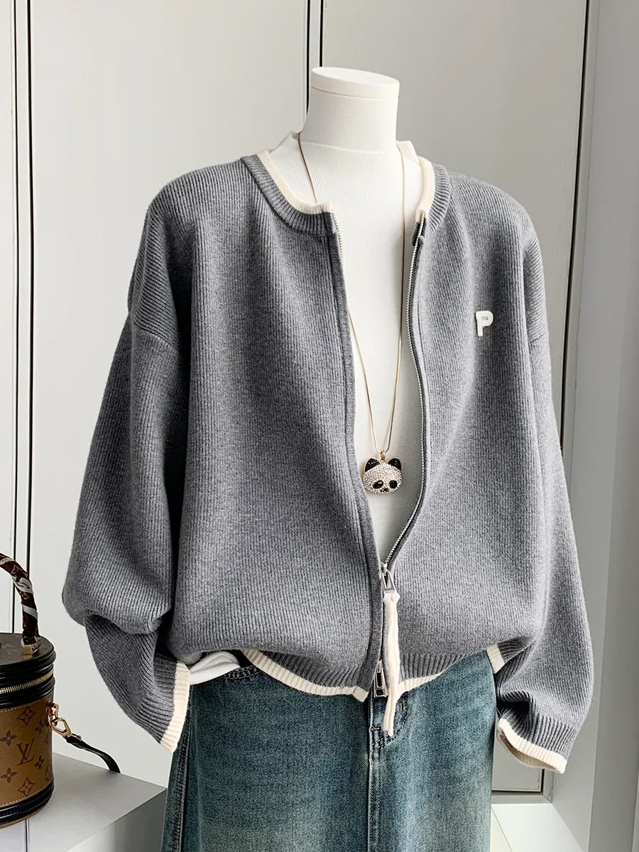 

Double Zipper O-neck Knitted Sweater Women's Autumn Winter Letter Embroidery Cardigan Jacket Contrasting Color Loose Thick Top
