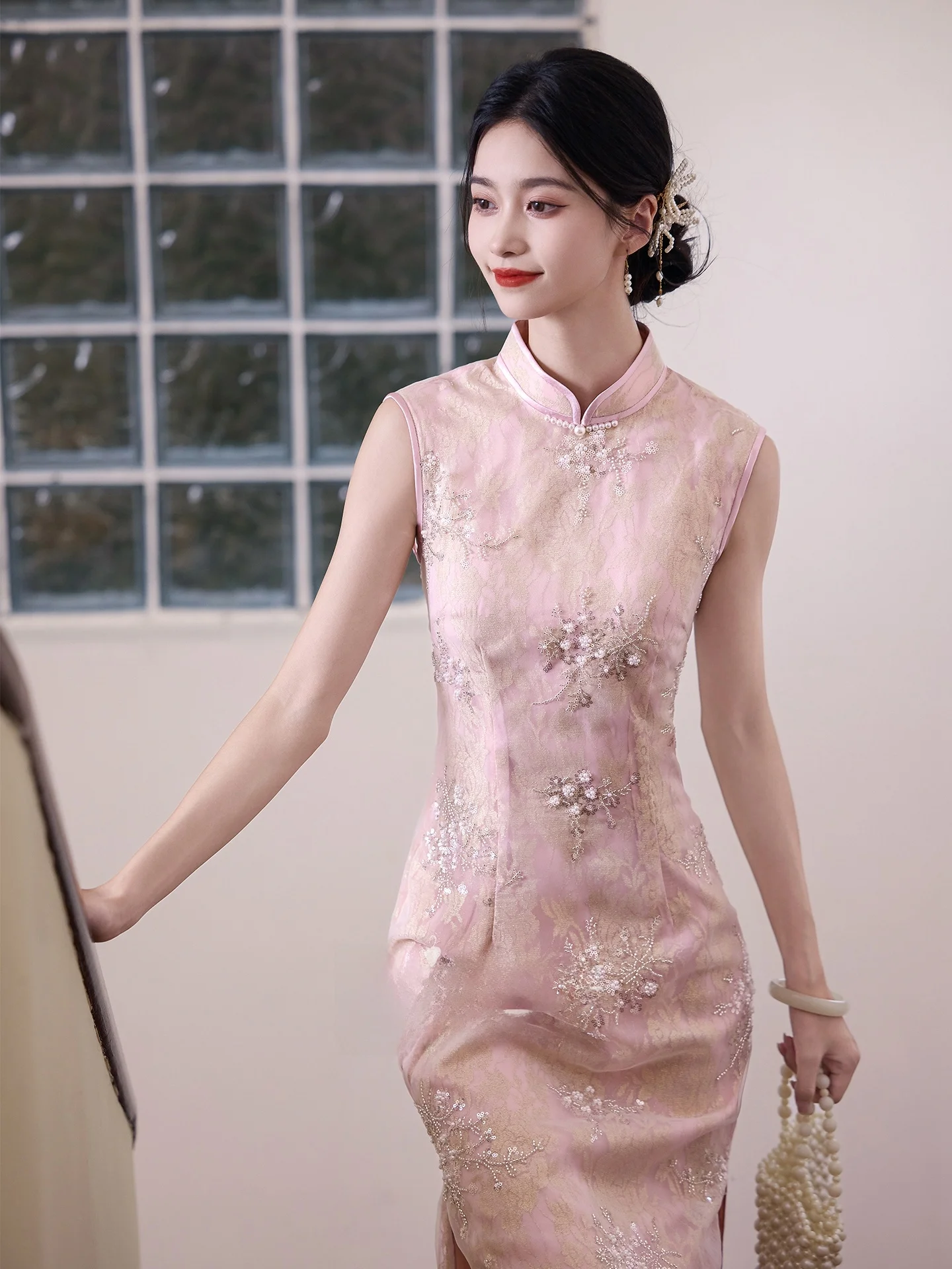 

Розовое винтажное длинное платье-ципао для молодых женщин, повседневное, из полиэстера