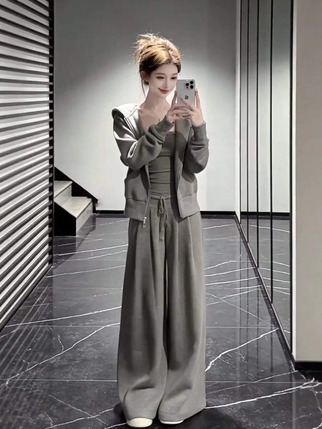 plus Size Women's Lazy Style Hoodie Jacket Sweatshirt Outerwear with Drawstring High Waist Wide Leg Pants Three Piece Set