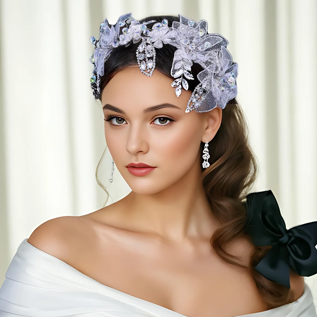 Corona de comunión para niñas, tocado de novia de cristal, flor de malla, diadema de boda para mujer, tocado de diamantes de imitación para fiesta, HP712