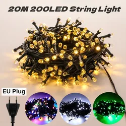 Guirnalda de luces LED para exteriores, iluminación impermeable con Cable negro, enchufe de la ue, lámpara de navidad, decoración de Patio y jardín, 20M por rollo, 200LED