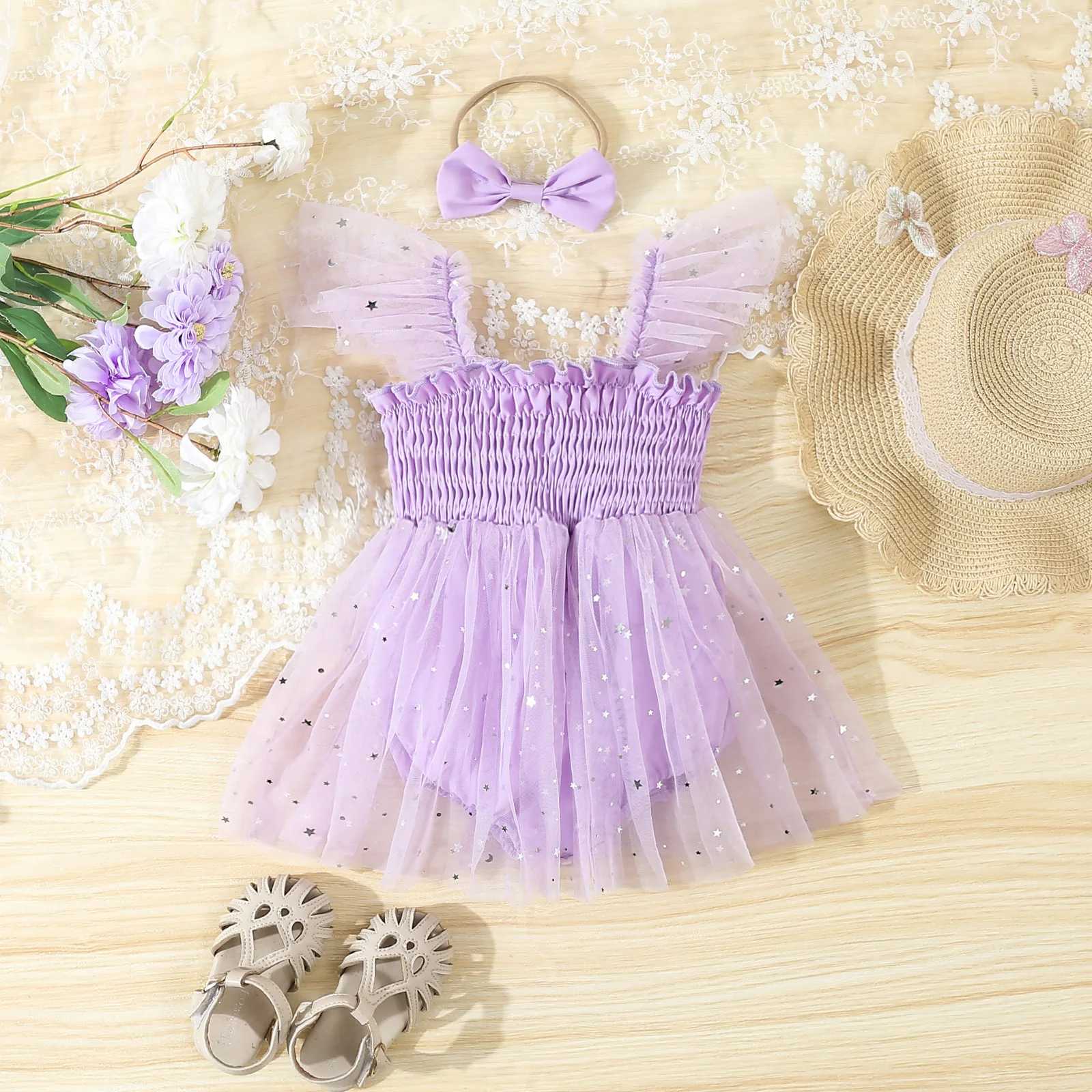 Baby girl strapless dress with wings, small flying shoulders, straps, headwear, stars and moon embellishments, cute and fashiona