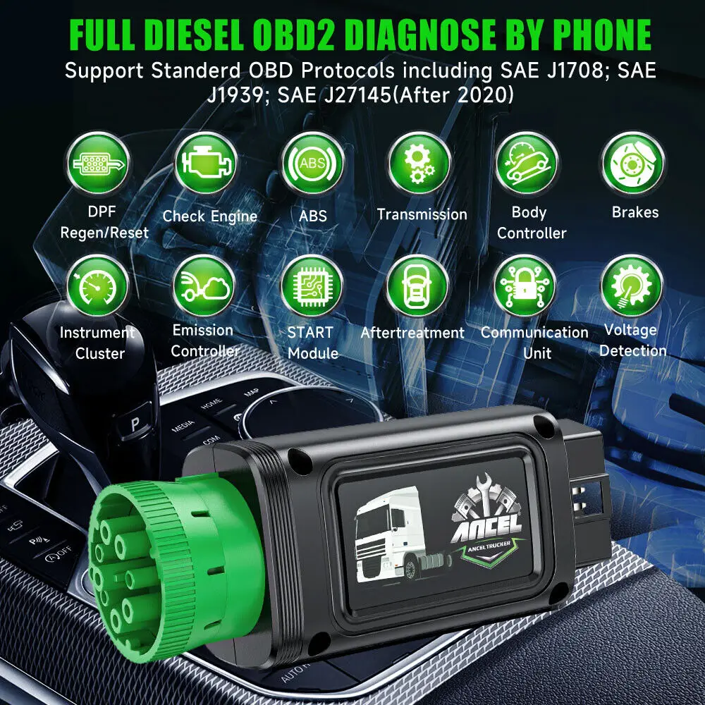 Heavy Duty Truck Bluetooth Scanner DPF Regen ANCEL Fit for Detroit Paccar  Full System Diesel Trucks Engine Code Reader