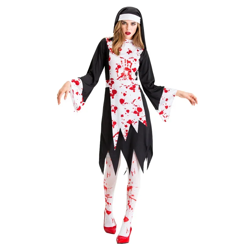 

Halloween Costume Female Vampire Demon Costume Cross Print Long Dress Party Costume Carnival Party Kids Suit