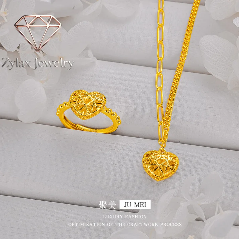 Zylax Jewelry Luxury 24K 9999 Pure Gold real gold Love Small Square Sugar Chain Brushed Peach Heart Pendant Women's Necklace Bra