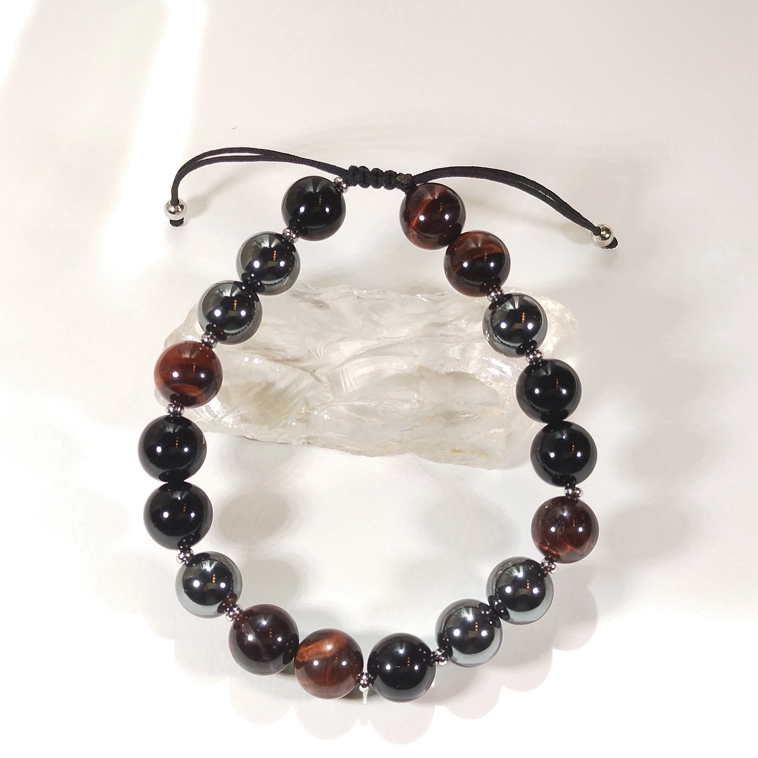 Lii Ji Real Stone Tiger's Eye Black Agate Hematite 10mm Adjustable Bracelet for Male Jewelry