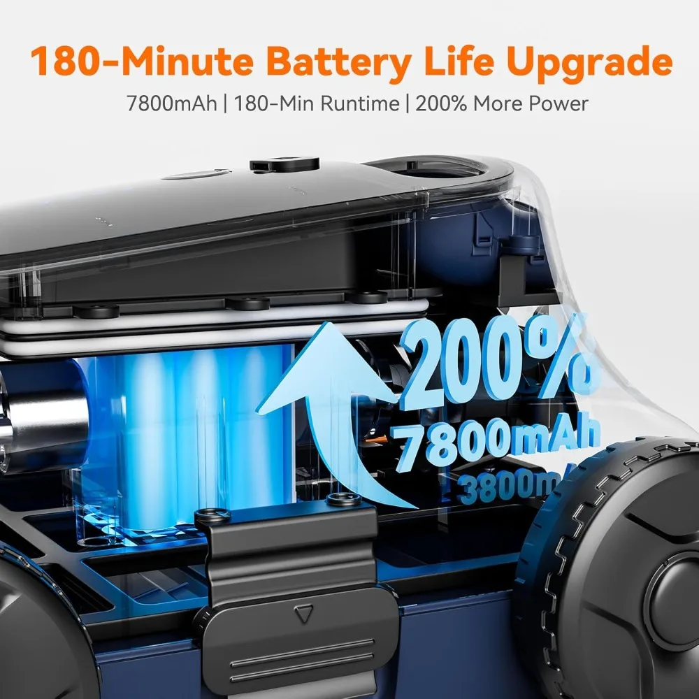 Wireless robotic pool cleaner for flat swimming pools up to 2000 square feet, automatic parking, dual brushless motors