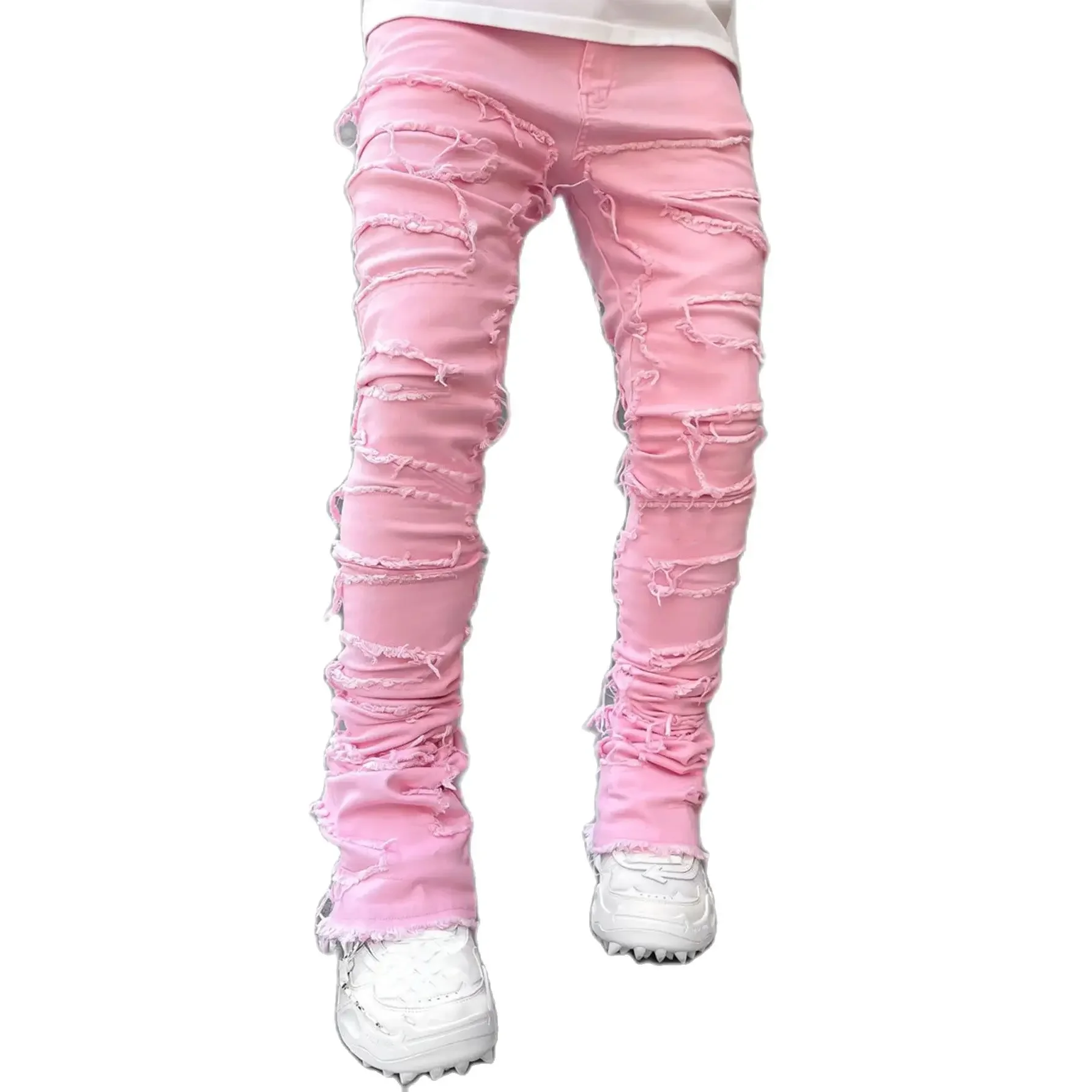 High Street White Heren Gestapelde Jeans Gestrekte Patchwork Kwastje Beschadigde Denim Lange Broek Hip-Pop Broek Voor Mannen