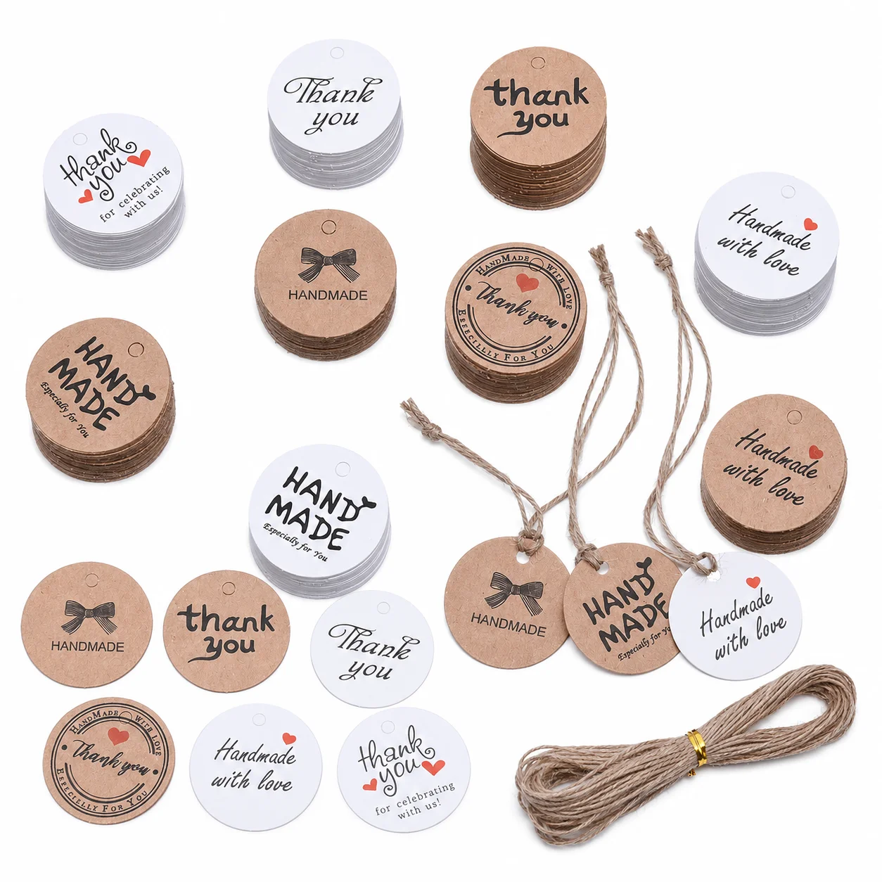 100 Stück Vintage Runde Papier-Geschenk-Etiketten, Blanko-Dankeschön-Etiketten und handgemachte Etiketten auf der Rückseite für Kleinunternehmen-Verpackungen mit Schnur – Detail 2